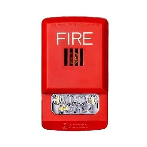 Red fire alarm device with 'FIRE' text on a white background