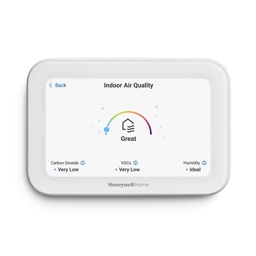 Honeywell Home indoor air quality monitor displaying 'Great' air quality on a white background