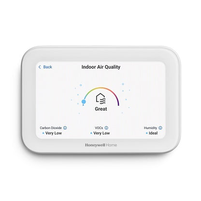 Honeywell Home indoor air quality monitor displaying 'Great' air quality on a white background