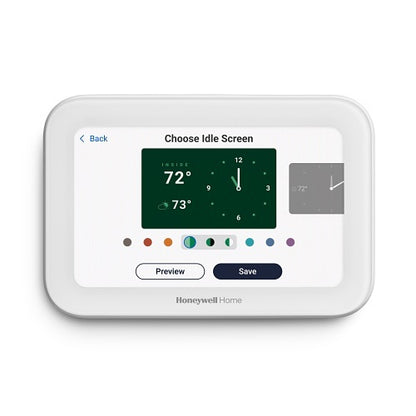 Honeywell Home thermostat displaying idle screen options on a white background