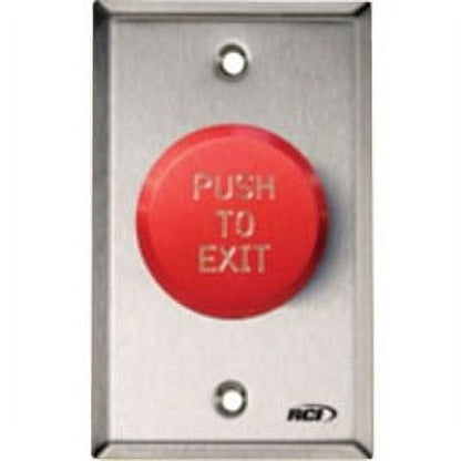 Red 'Push to Exit' button on a metallic plate with RCI logo.