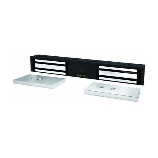 A black automatic garage door opener motor unit with two silver metal receiver panels on a plain white background.