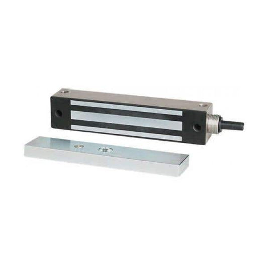 A linear motion limit switch assembly consisting of a black and silver metal sensor block with a protruding black shaft, shown alongside a separate silver metal base plate on a plain white background.