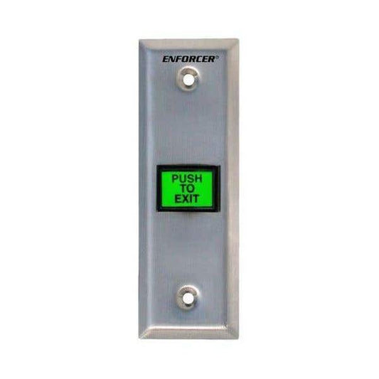 A silver metal emergency exit push-to-exit button with a bright green illuminated display showing the text 'PUSH TO EXIT' in white, labeled 'ENFORCER' at the top, on a plain white background.