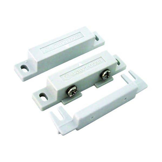 Two white plastic automotive door jammer switches with silver metal screws, shown on a plain white background.