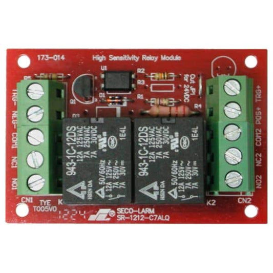 A red high sensitivity relay module with two black 943-1C-12DS relays, green terminal blocks, and printed circuit board components on a white background.