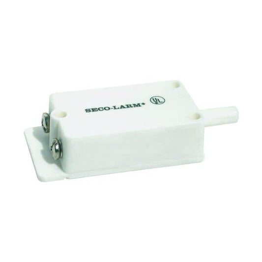 A white plastic Seco-Larm safety switch with silver screw terminals and a short white connector tab, shown on a plain white background.