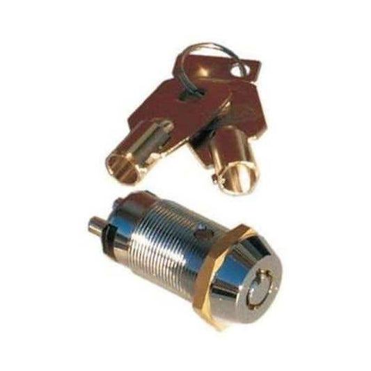 A metal cylindrical lock cylinder with a brass-colored collar and two keys, shown on a plain white background.