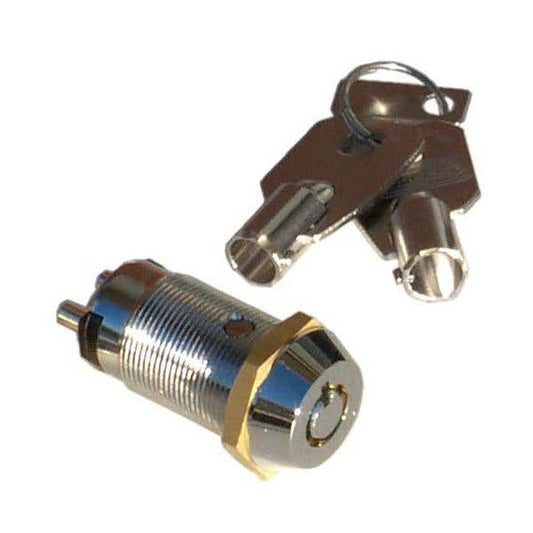 A metal cylindrical lock cylinder with a brass-colored collar, shown with two keys on a plain white background.