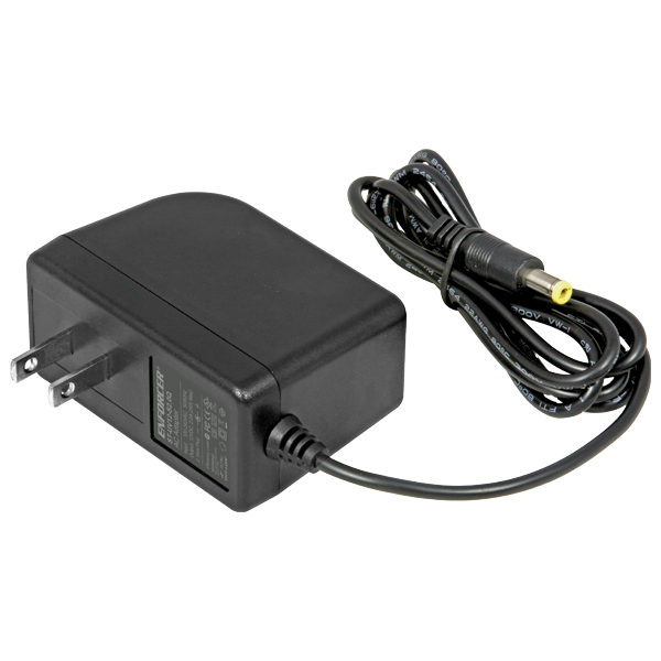 A black DC power adapter with a two-prong US plug and a coiled cable ending in a barrel connector with a yellow tip, shown on a plain white background.