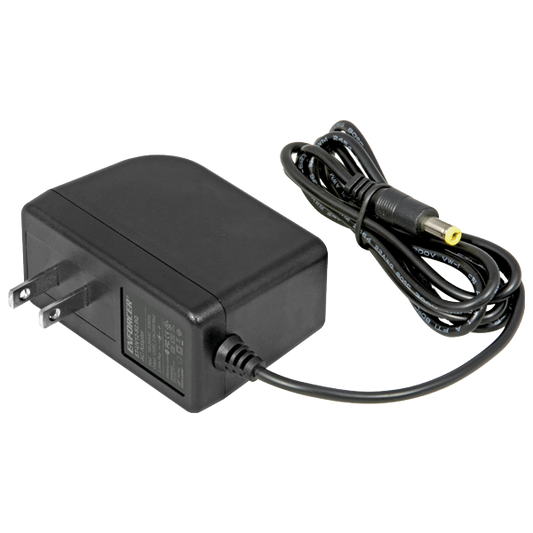 A black DC power adapter with a two-prong US plug and a coiled cable ending in a barrel connector with a yellow tip, shown on a plain white background.