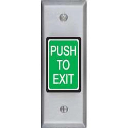 A silver metal push-to-exit button with a green rectangular label that reads 'PUSH TO EXIT' in white text.