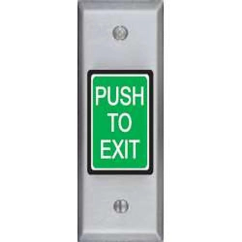 A silver metal push-to-exit button with a green rectangular label that reads 'PUSH TO EXIT' in white text.