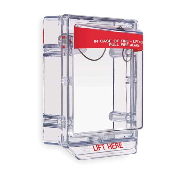 Clear fire alarm pull station cover with red label on a white background