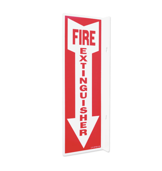 Red and white fire extinguisher sign on a white background