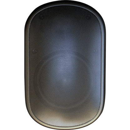 black oval shaped speaker on white background 