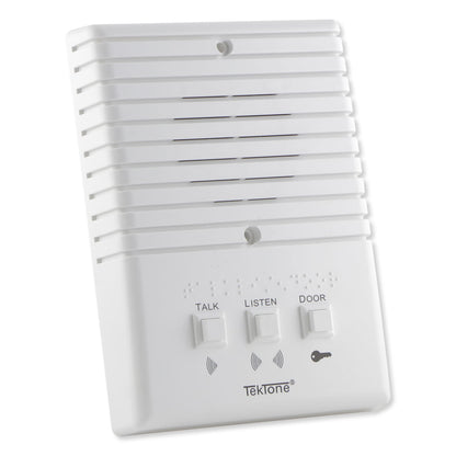 White electronic device with buttons labeled 'Talk', 'Listen', and 'Door' on a white background
