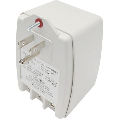 White electrical transformer with plug on a white background