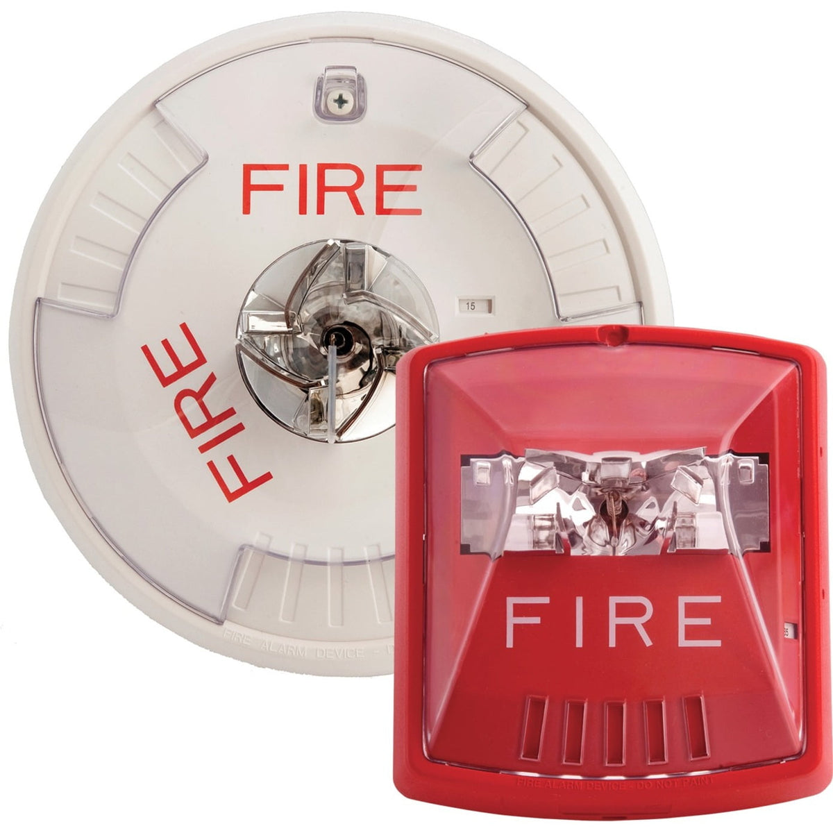 A white round fire alarm detector faceplate shown behind a red alarm stroker with a clear lens and the word FIRE printed on it, on a plain white background.