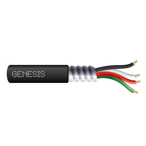 Genesis cable with black jacket and multicolored wires on a white background
