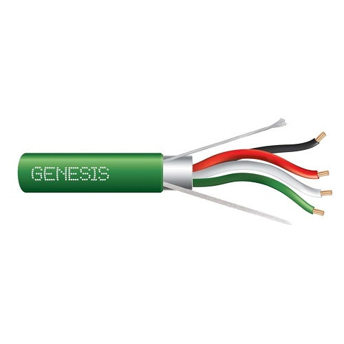 A multi-core cable with a solid green outer sheath and four exposed inner wires in white, red, and black, each with a gold-colored copper tip, shown on a plain white background.