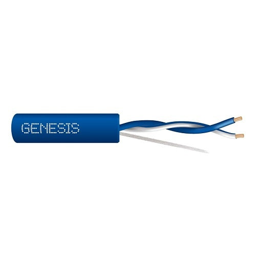 A blue cylindrical cable sleeve with the brand name 'GENESIS' printed in white dotted text, with two exposed blue and white wires ending in gold metal tips, shown on a plain white background.