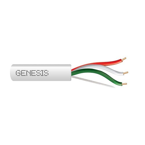 A white cylindrical cable labeled 'GENESIS' with three exposed wire strands in red, white, and green and small gold-toned metal ends, shown on a plain white background.