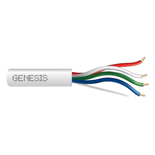 A white cylindrical cable labeled 'GENESIS' with four exposed multicolored wires in red, white, green, and blue, each showing a gold-toned tip, on a plain white background.