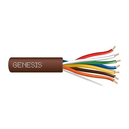A multi-core cable from Genesis, featuring a brown outer jacket with the brand name 'GENESIS' printed in white, and eight colorful internal wires (red, white, blue, yellow, green, brown, orange) with gold-colored metal tips, shown on a plain white background.