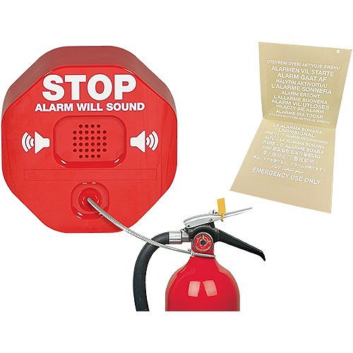 Red fire extinguisher with alarm and instructions on a white background