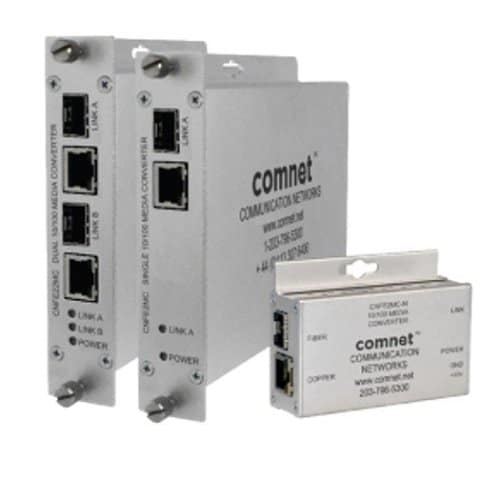 Two Comnet communication network converters on a white background