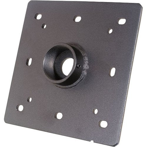 Metal mounting plate with central hole on a white background