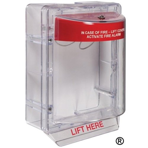 Fire alarm pull station with clear cover and red label on a white background