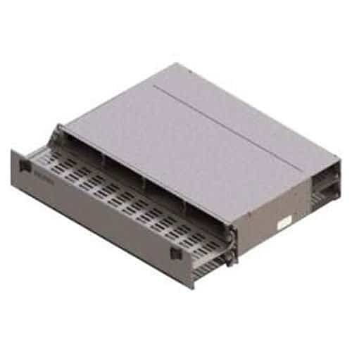 A rack-mountable fiber optic patch panel housing or enclosure, set against a plain, solid white background