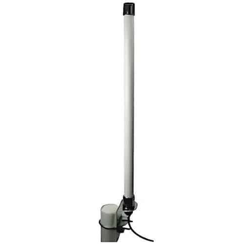 A vertical, omnidirectional fiberglass antenna mounted to a small, cylindrical pole against a solid white background