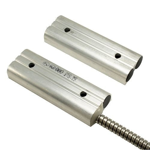 Two metallic security door components in a white background