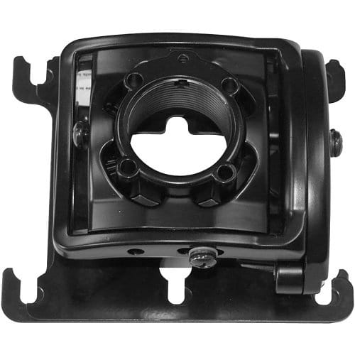 Black metal bracket with circular component on a white background