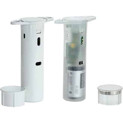 Set of white and clear cylindrical containers with various components on a white background