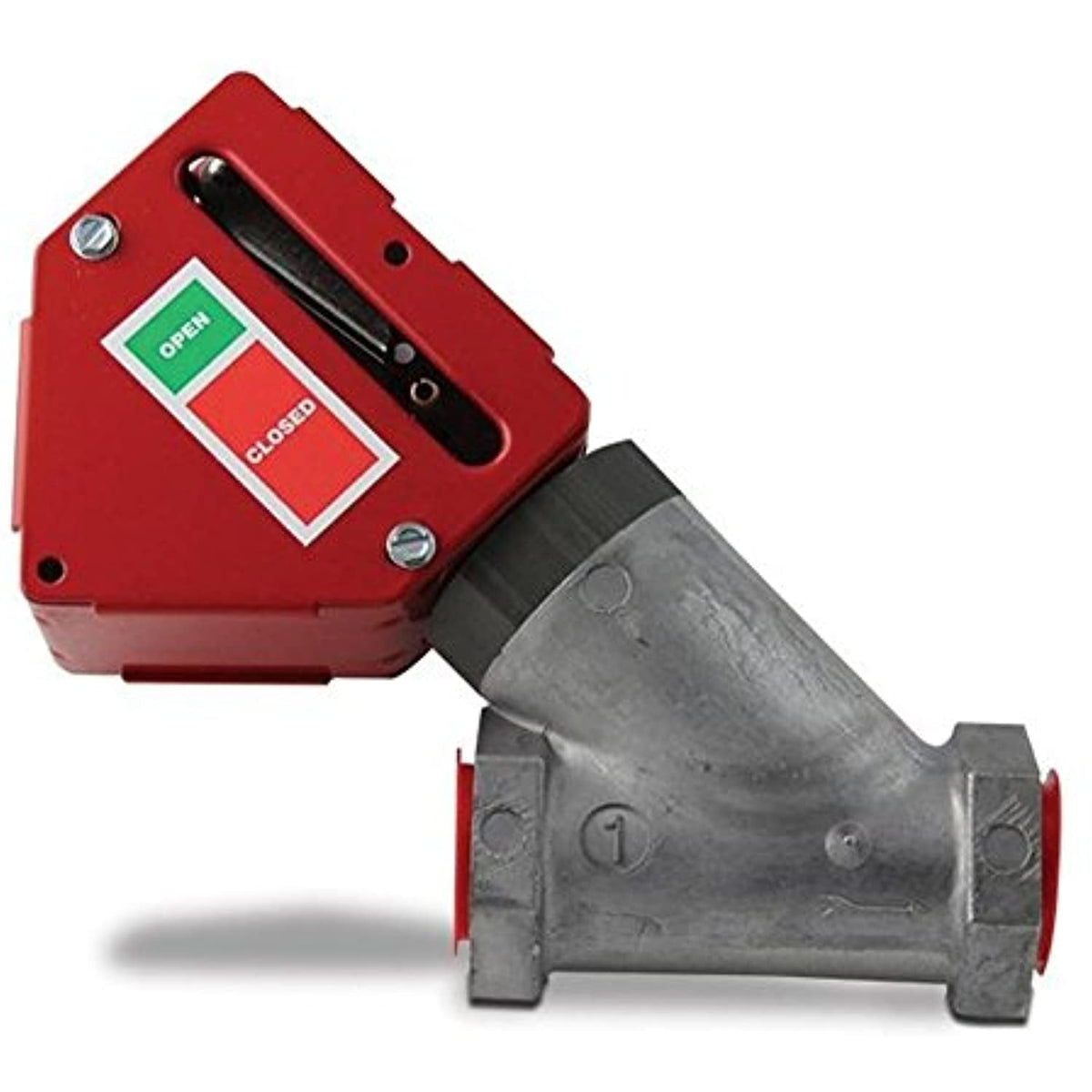 Red valve actuator with open and closed indicator on a white background
