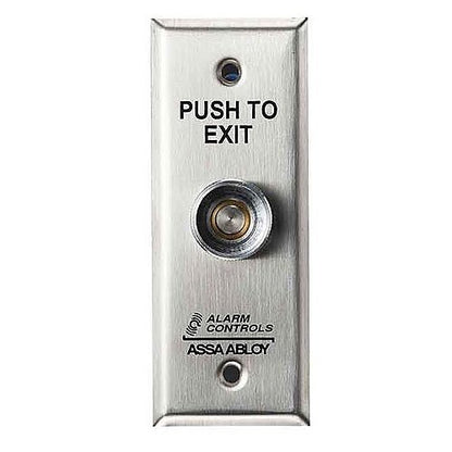 Metal push to exit button with 'Push to Exit' text on a white background
