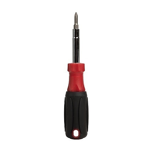 Screwdriver with red and black handle on a white background