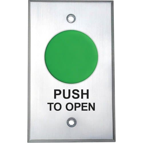 Camden CM-4000G/3 Spring Return, Normally Open, Momentary, Green Button, 'PUSH TO OPEN', Black Graphics