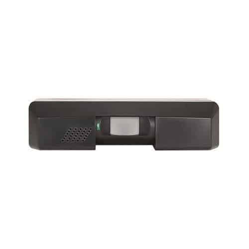 A black motion sensor on a white background