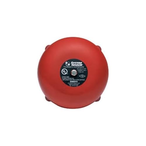 Red fire alarm bell with a label on a white background