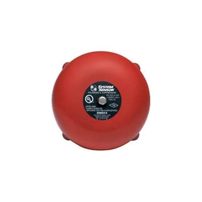 Red fire alarm bell with a label on a white background