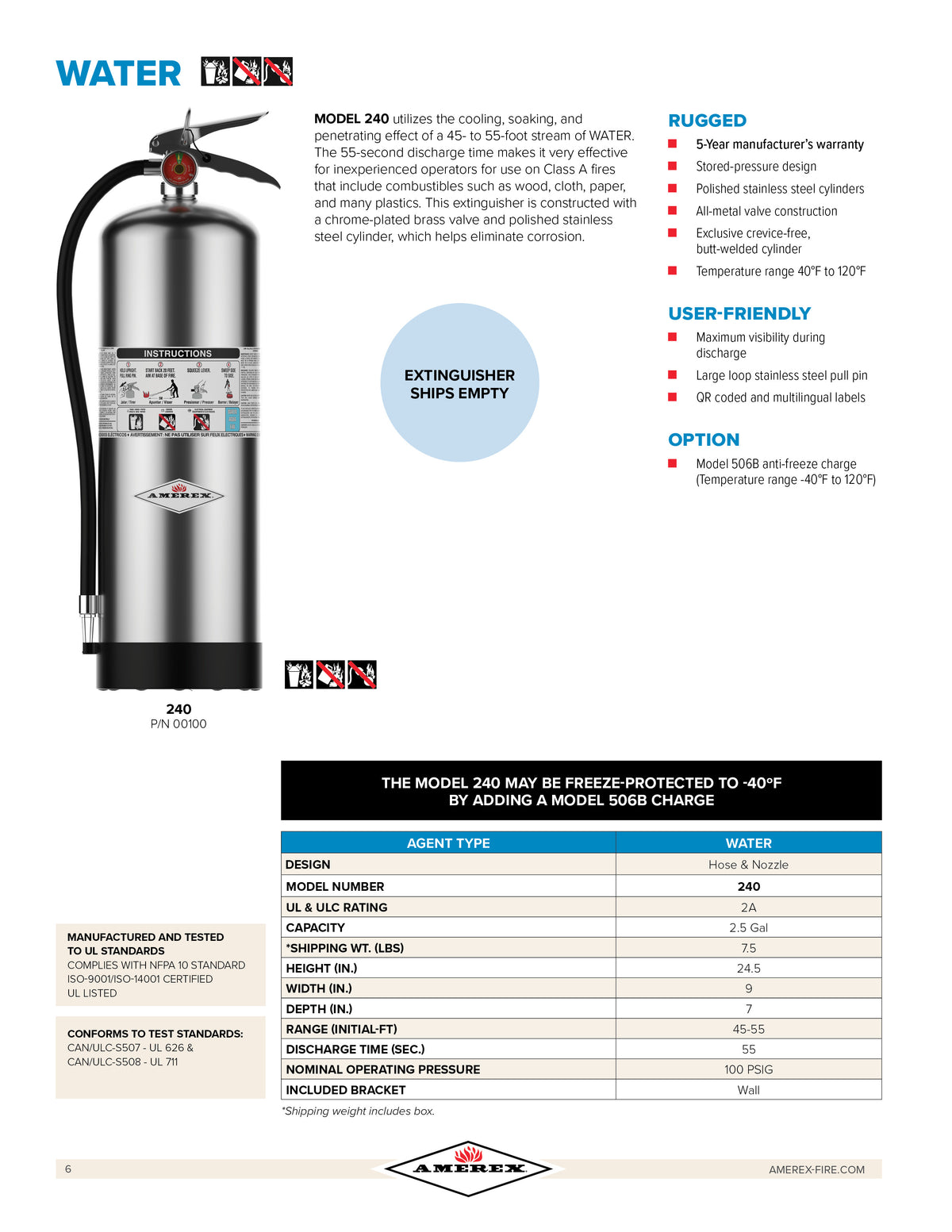 Amerex fire extinguisher with specifications and features on a white background