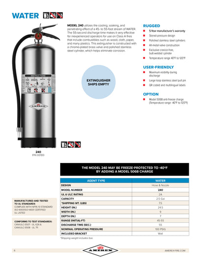 Amerex fire extinguisher with specifications and features on a white background