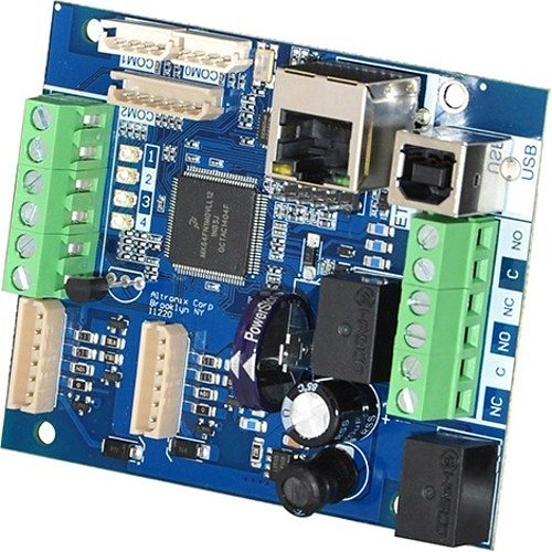 Electronic circuit board with various components on a white background