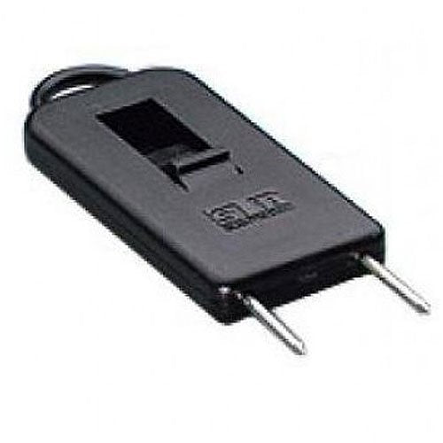 Black electronic device with two prongs on a white background