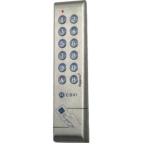 Digital keypad with number keys and a hand holding a card icon on a white background